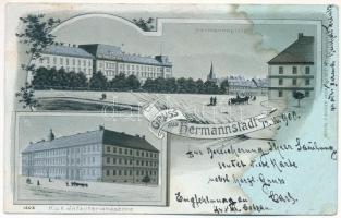 1900 Nagyszeben, Hermannstadt, Sibiu; Hermannsplatz, K.u.k. Infanteriekaserne / tér, Cs. és kir. Gyalogsági laktanya este / square, military infantry barracks at night. F. Binder Art Nouveau, floral, litho (EB)