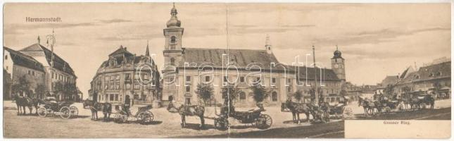 1907 Nagyszeben, Hermannstadt, Sibiu; Nagy tér, Karl F. Hickeli üzlete, lovas hintók. 2-részes kinyitható panorámalap, G.A. Seraphin / Grosser Ring / square. horse chariots. 2-tiled folding panoramacard (fl)