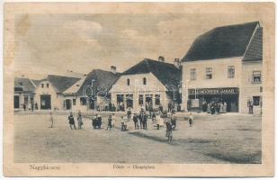 1914 Nagybiccse, Nagy-Bittse, Bytca; Fő tér, Id. Leimdörfer Jakab üzlete. Spiegel J. kiadása / Hauptplatz / main square, shops (fl)