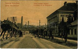 1909 Resicabánya, Resicza, Recita, Resita; Fő utca a polgári iskolával. W.L. 1147. / Hauptgasse mit der Bürgerschule / main street, school (fa)