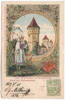 1907 Nagyszeben, Hermannstadt, Sibiu; Sächs. Bürgermädchen und Hartenecktürme. G.A. Seraphin, Jos. Drotleff / Harteneck tornyok. Szecessziós címeres keret hölggyel / towers. Art Nouveau, floral TCV card (EK)