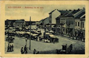 1910 Kolozsvár, Cluj; Széchenyi tér és piac, üzletek. Ujhelyi és Boros kiadása / square, market, shops (EK)