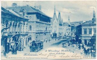 1900 Kolozsvár, Cluj; Wesselényi Miklós utca torkolata, városi vasút, vonat, Ifj. Pere István, Szegedi Zoltán üzlete. Dunky Fivérek cs. és kir. udvari fényképészek kiadása / street view, urban railway, train, shops (EK)