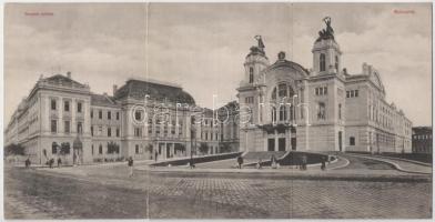 1921 Kolozsvár, Cluj; Nemzeti színház. Schuster Emil kiadása. 3-részes kihajtható panorámalap / theatre. 3-tiled folding panoramacard (hajtásnál szakadt / torn at fold)