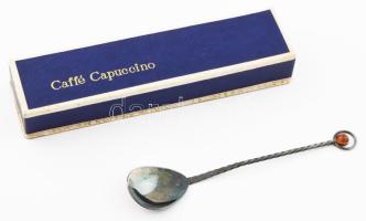 Ezüstözött kávés/cappuccinos kanál, jelzett, díszdobozban, h: 15,5 cm