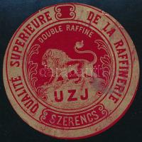 cca 1900 Szerencs, Magyar Cukoripar Rt. (Ungarische Zucker Industrie) duplán finomított cukor árucímke, d: 5,5 cm