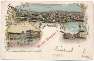 Chernivtsi, Czernowitz, Cernauti, Csernyivci (Bukovina, Bukowina); Ringplatz, Kauptstrasse / square, street. Kunstanstalt Karl Schwidernoch Art Nouveau, floral, litho (tear)