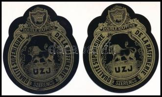 cca 1900 Szerencs, Magyar Cukoripar Rt. (Ungarische Zucker Industrie) duplán finomított cukor árucímke, 2 db, 7x6 cm