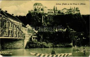 1910 Vranov nad Dyjí, Frain an der Thaya; Schloss in Mähren / castle, bridge, kayaks. Franz Kumpa (EB)