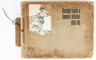 Kövér Gyula (Kövér Gyuszi) (1883-1950): Kacagó lapok a komoly időkből. (1915-1916.) Kiadja: M. Kir. Miskolci 10. Honvédgyalogezred. Bp.,(1917), Fénynyomda és Grafikai Műintézet, 4 p.+76 t. Haránt-alakú zsinórfűzött papírkötésben, sérült, hiányos, kissé szakadozott borítóval, kissé laza kötéssel. Számozott, 213. számú példány.  A M. Kir. Miskolci 10. Honvédgyalogezred 151 tagjának karikatúra albuma, a gyalogezred kiadásában, Kövér Gyula (1883-1950) festőművész, grafikus munkáival. Ritka!/  Gyula Kövér: Laughing pages from the serious times. (1915-1916.) Published by the 10th Hungarian Royal Army Infantry Regiment of Miskolc. Bp.,(1917), Light Press and Graphic Art Institute, 4 p.+76 t. Paperbinding, with damaged label on the first cover, little bit damaged cover, and loose spine. Numbered  Caricature ablum of the 10th Hungarian Royal Army Infantry Regiment of Miskolc by Gyula Kövér (1883-1950.) Rare!