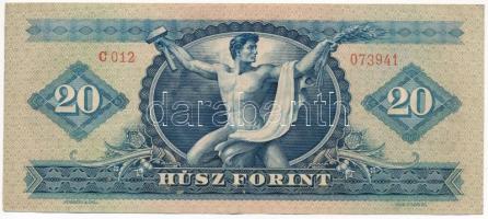1957. 20Ft "C 012 073941" T:F erős papír
Hungary 1957. 20 Forint "C 012 073941"...