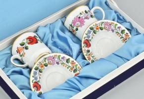 Kalocsai kétszemélyes kávéscsésze szett, díszdobozban. Jelzett, hibátlan