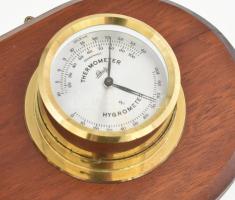 Dekoratív réz időjárás állomás. Hőmérő, nedvességmérő, barométer. Réz és fa. 30x15 cm