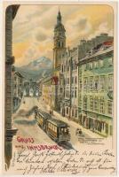 1899 (Vorläufer) Innsbruck (Tirol), Maria Theresienstrasse mit Triumphpforte und Serles oder Waldrastspitze / street with tram. Art Nouveau, litho s: Erw. Spindler