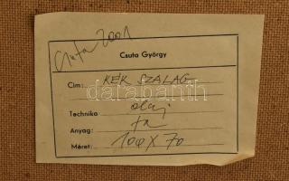 Csuta György (1952-): Kék szalag. Olaj, farost, jelezve balra lent. Hátoldalán címkén feliratozott. ...