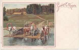 Souvenir de Russie / Greetings from Russia, folklore, ferry. Edition A. Malevinsky Art Nouveau, litho