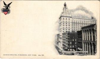 New York, New York Life Insurance Company building, Broadway, autobus. Arthur Strauss Publisher No. 19. Copyright 1897 by J. S. Johnston. Art Nouveau, coat of arms