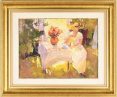 B. Tóth Edit (1958-): Kalapos hölgy virágokkal. Olaj, farost, jelzett. Dekoratív fakeretben, 30×40 cm