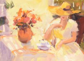 B. Tóth Edit (1958-): Kalapos hölgy virágokkal. Olaj, farost, jelzett. Dekoratív fakeretben, 30×40 c...