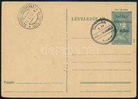 Székelyudvarhely 1945 Felülnyomott díjjegyes levelezőlap 2 db szívességi bélyegzéssel, használatlan / Unused overprinted PS-card. Signed: Bodor