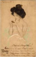 1901 La Favorite IV. / Viennese Art Nouveau lady smoking a cigarette. litho s: Raphael Kirchner (r)