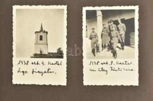 1938 Fotóalbum kis részben falusi életképekkel, többségében katonai fotókkal, Kartal, katonák az Ipolyságra való bevonulás előtt, Ipolyság, Bernecebaráti, Sátoraljaújhely, Ungvár, stb., feliratozott fotók albumba ragasztva, 68 db, többségében 8,5×6 cm