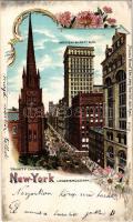 1901 New York, Lower Brodway, Trinity church, American Surety building, trams. "Phoenix Brand" Edw. Lowey No. 213. Art Nouveau, floral, litho (EB)