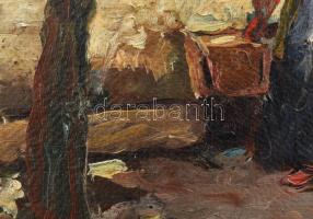 Tull Ödön (1870-1911): Udvaron, 1904. Olaj, karton, jelezve jobbra lent. Dekoratív, sérült fakeretbe...