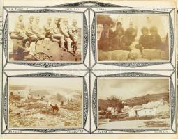1914-1916 Katonai fotóalbum, beragasztott, feliratozott fotókkal, katonai és helyi érdekességek, emb...