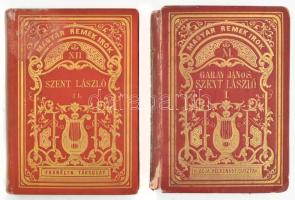 A Magyar remek írók sorozat XI-XII. kötete: Garay János: Szent László I-II. Pest, 1865. Kiadja Heckenast Gusztáv. Kiadói enyhén sérült, aranyozott egészvászon-kötésben, kopottas állapotban. Az egyik kötet borítója és elülső szennylapja levált, volt könyvtári példány.