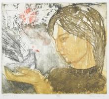 Csurgói Máté Lajos (1931-2001): Galamb és a leány. Színes rézkarc, papír, jelzett, számozott (10/50). Üvegezett fakeretben. 29×34,5 cm