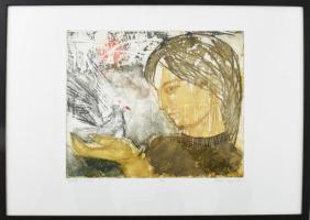 Csurgói Máté Lajos (1931-2001): Galamb és a leány. Színes rézkarc, papír, jelzett, számozott (10/50)...