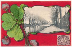1901 Maastricht, Groet uit Langs het Kanaal / canal, promenade. Math. Crolla. TCV card. Art Nouveau, litho frame with clover