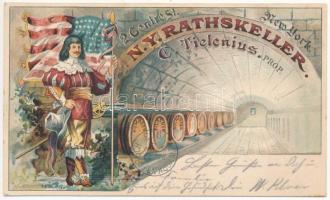 1903 New York, 2 Centre St. Rathskeller German beer bar & restaurant, cellar interior with beer barrels. Proprietor C. Tielenius. litho