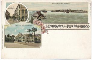 Recife, Lembrancá de Pernambuco, Palacio do Governo, Rua 10 de Marco, Ancoradouro interno / Government Palace, port, street view with shops. Louis Glaser Art Nouveau montage, floral, litho (EM)