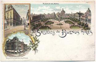 Buenos Aires, Edificio en la Calle Cerrito y Piedad, Banco Espanol y Rio della plata, Plaza 25 de Mayo, Gran Boulevard Avenida de Mayo / street view, main square. No. 4890 Giorgio Sternfeld. Editor V. Colmegna Cuyo 478. Art Nouveau montage, litho (fl)