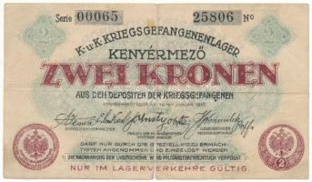 Kenyérmező / Hadifogolytábor 1916. január 15. 2K "00065 25806" T:VG a bankjegy közepén alu...