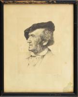 Olvashatatlan jelzéssel: Richard Wagner portréja. Rézkarc, papír. Kissé foltos. Üvegezett fakeretben.11,5x9,5 cm