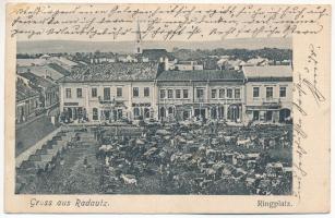 1908 Radauti, Radóc, Radautz (Bukovina, Bucovina, Bukowina); Ringplatz / market square, shops, beer hall. Edit. Salomon Hirsch (EB)