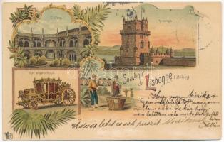 1898 (Vorläufer) Lisbon, Lisboa, Lisbonne; Char de gala Royal, Cloitre, Belem Forteresse / Royal carriage, monastery, Fortress, tower, fish vendors, folklore. O.Z.M. Art Nouveau, floral, litho (fl)