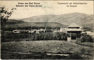 1915 Vatra Dornei, Dornavátra, Bad Dorna-Watra (Bukovina, Bucovina, Bukowina); Totalansicht mit Wetterhäuschen im Kurpark / general view, spa park + "K.u.K. Landsturmbataillon No. 25." "Zensuriert Baons. Kmdo." (EB)