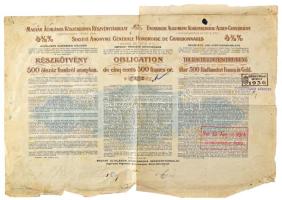 Budapest 1901. "Magyar Általános Kőszénbánya Részvénytársulat" részkötvénye 500Fr-ról bélyegzésekkel, lyukasztásokkal érvénytelenítve T:F tűlyukak, szakadások
