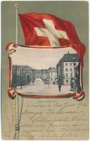 1902 La Chaux-de-Fonds, Avenue de la Gare / street vie, hotel and restaurant, tram. Delachaux & Niestle Série G. No. 3. Art Nouveau litho montage with Swiss flag (EK)