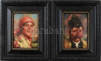 Ivanácz Zsolt József (1869-?), 2 db mű: Lány népviseletben és férfi trikolórral . Olaj, karton. Jelezve jobbra lent. Dekoratív, antik fakeretben. 18x13 cm