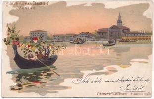 1900 Venezia, Venice; Festa del Redentore (Al Lido pel levar del sole), Hotel restaurant "Cavalletto" / Feast of the Most Holy Redeemer. F. Guggua litho (EK)