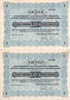 Ausztria / Bécs 1926. "Gaswerksbau- und Maschinen-Fabriks-Aktien-Gesellschaft Franz Manoschek (Franz Manoschek Gázmű és Gépgyár Részvénytársaság)" részvény 50Sch-ról (2x) sorszámkövetők "01291-01292", szelvényekkel T:F szép papír Austria / Wien 1926. "Gaswerksbau- und Maschinen-Fabriks-Aktien-Gesellschaft Franz Manoschek" share about 50 Schillings (2x) consescutive serials "01291-01292", with coupons C:F fine paper