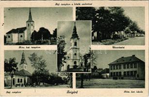 Zsigárd, Zigárd, Zihárec; Református templom a hősök szobrával, Római katolikus templom és iskola, utca részlet / Calvinist church, military heroes' monument, Catholic church and school, street view (EK)