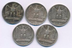 Olaszország 1927R 5L Ag "III. Viktor Emánuel" (5x) T:XF,VF patina, ph. Italy 1927R 5 Lire ...