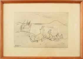 Borsos Miklós (1906-1990): Kecskék pásztorral (Tihany, Balaton?). Rézkarc, papír, jelzett, üvegezett fakeretben 19,5x29,5 cm