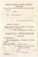 1951. "Anyasági Érdemrend" II. fokozatú kitüntetés igazolványa használt állapotban. NMK 544